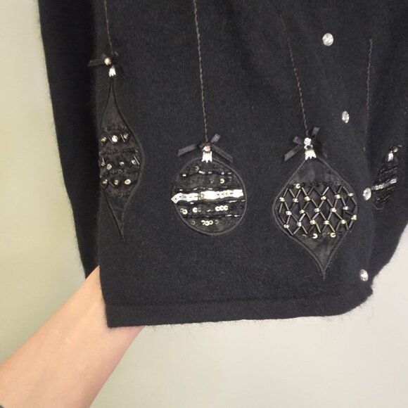 Merry & Bright Angora Rabbit Hair Wool Blend Black Embellished Cardigan Sweater - Picture 3 of 7